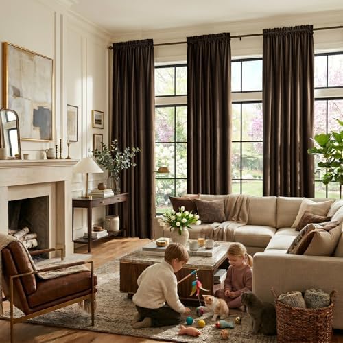 PRIMROSE Brown Velvet Room Darkening Curtains 120 inches Long for