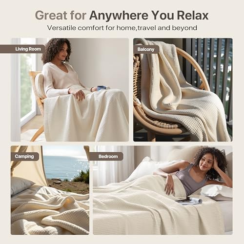 Madison Park Waffle Weave Blanket Cotton for Summer, Full/Queen, Ivory