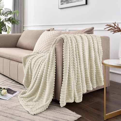 BEDELITE 3D Ribbed Jacquard Beige King Size Blankets for Bed, 108x90