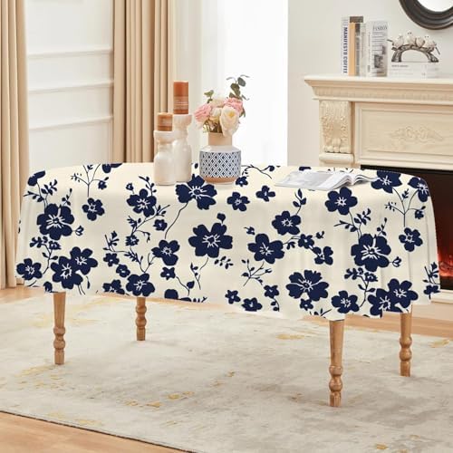 Navy Floral Print Oval Table Cloth, Waterproof Duty Vinyl Plaid