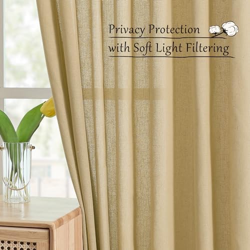 Tollpiz Beige Linen Cotton Curtains Back Tab Bedroom Semi Sheer