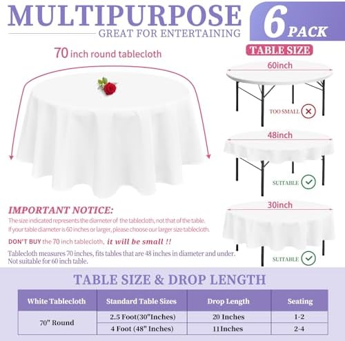 Showgeous 70 Inch White Round Tablecloths, Polyester Table Covers