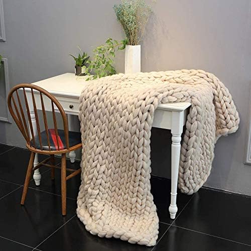 Chunky Knit Throw Blanket Beige, Handmade Chunky Knitted Blankets