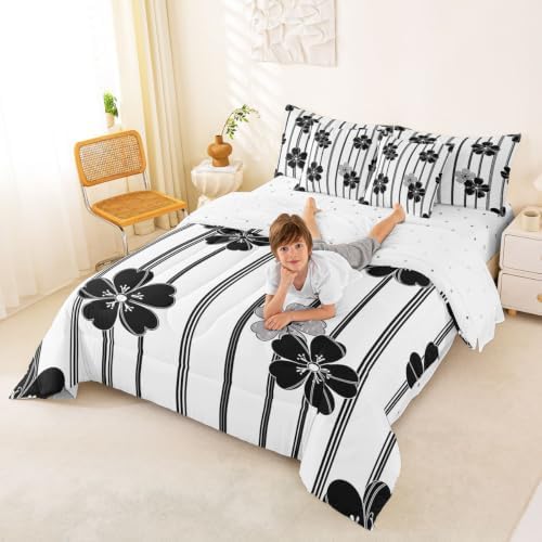 Manfei Stripe Flower Kids Comforter Queen Size,Geometric Line Floral