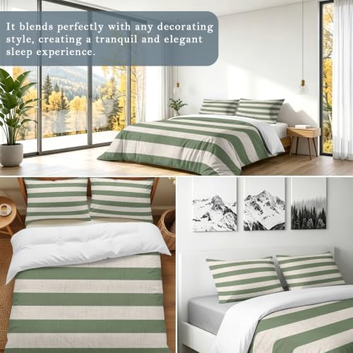 3 Pieces Duvet Cover California King Bedding Sets Sage Green Stripe