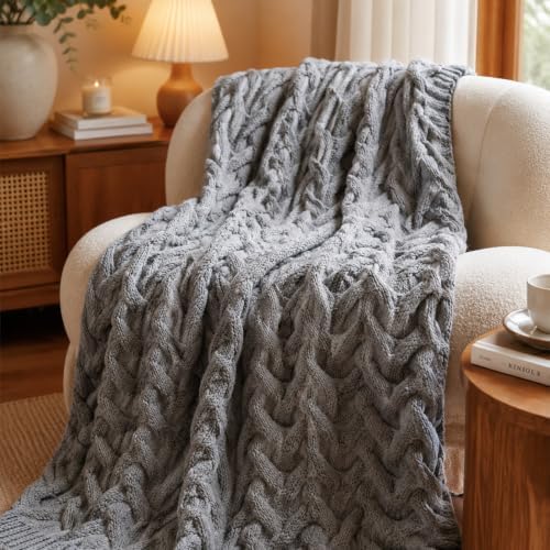 Cable Knit Throw Blanket, Soft Acrylic, Light Grey, 50x60