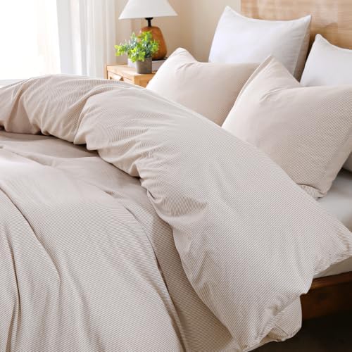 TOCOMOA Brown Striped Duvet Cover Set 100% Washed Cotton Like Linen
