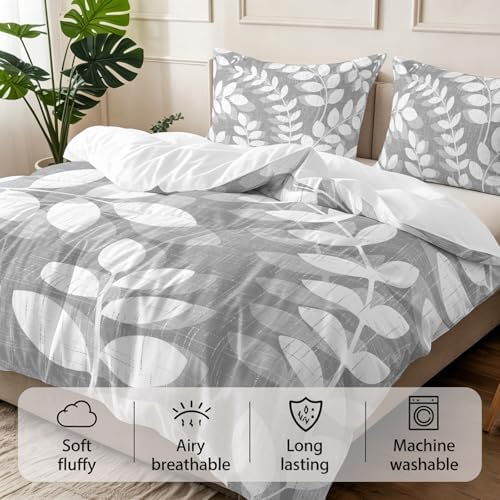 3 Pieces Bedding Set King Size, Gray Leaves Soft Duvet Covers Set with