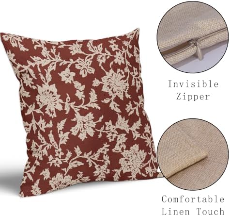 Rustic Red Floral Pillow Covers 18x18 Set of 2 Brown Cream Vintage