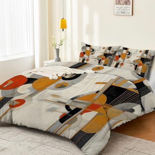 Light Gray Duvet Cover Set Queen Size, Abstract Circle Line Pattern