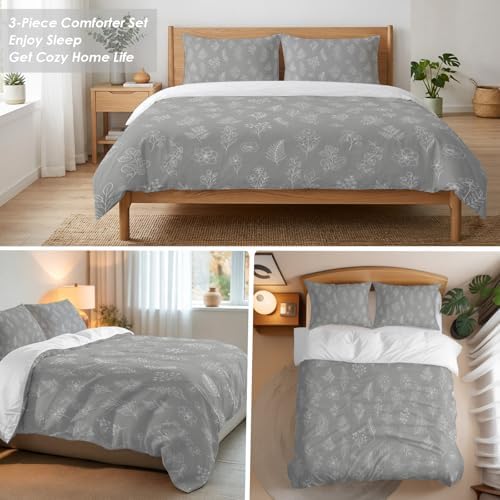 3 Pieces Bedding Set King Size, Grey Botanical Soft Duvet Covers Set