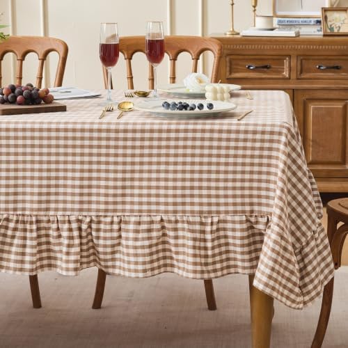 Gingham Ruffled Tablecloth Rectangle Cotton Style, Taupe 52x70