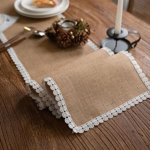 118.1 Inch Long Kitchen Table Runner,Cotton Linen Blend,Khaki White