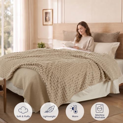 PHF Luxury Soft Fleece Blanket King Size for Bed No-Shed Taupe