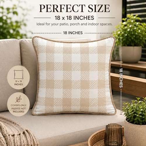 Waterproof Outdoor Pillow Covers 18x18, Set of 2, Beige and White