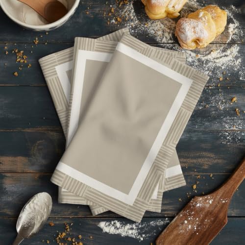 Beige Striped Kitchen Towels Set of 3, Water Absorbent Dish Towel