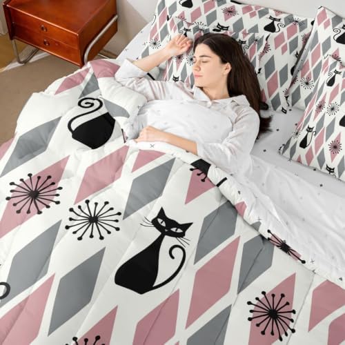 Manfei Black Cat Full Size Comforter Set,Geometric Rhombus Square