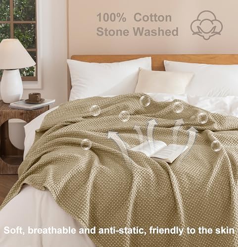 Talasily 100% Cotton Waffle Blanket Queen Size,Stone Washed Bed