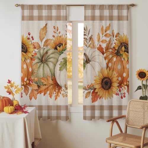 Savannan Semi Sheer Curtains Panels, Thanksgiving Pumpkin Brown Plaid
