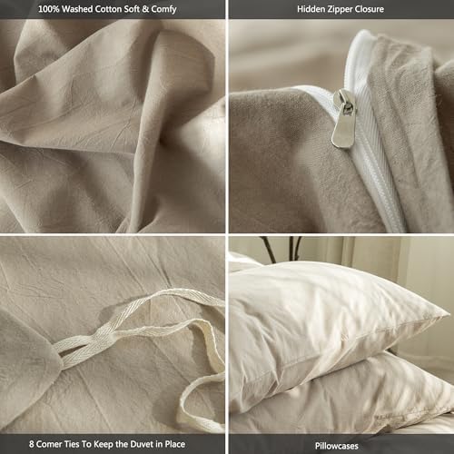 MooMee Duvet Cover Set 100% Washed Cotton Linen Like Full
