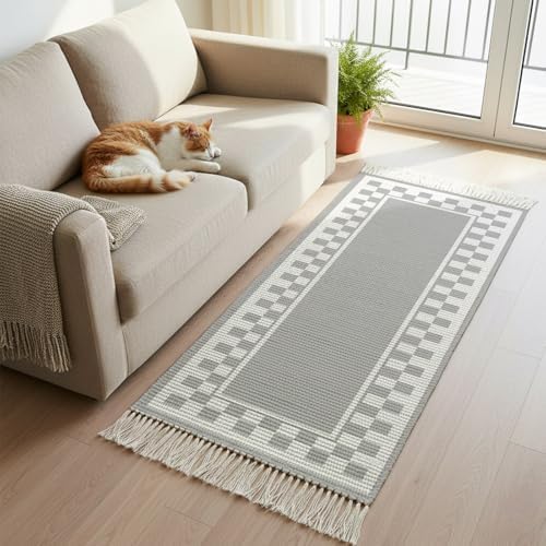 Grey Geometric Hallway Runner Rug 2'x5', Modern Abstract Art Plaid