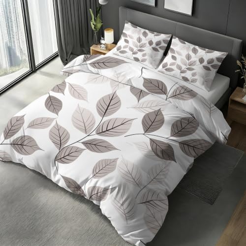 Grey Leaf Bedding King Duvet Cover, Modern Botanical Bedroom Decor