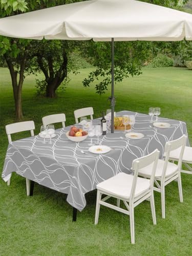 Grey White Stripes Outdoor Rectangle Tablecloth with Umbrella Hole
