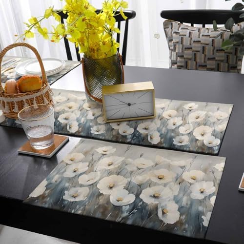 Rural White Flowers Painting Table Runner and Placemats Set of 4