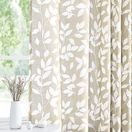 Leaf Print Semi Sheer Curtains 52x63" Living Room Taupe White Window