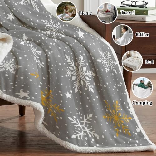 Christmas Snowflake Sherpa Fleece Blanket Grey Winter Yellow White