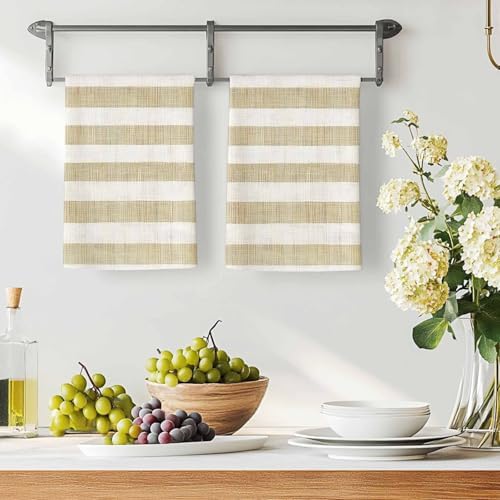 Cream Striped Kitchen Towels Set of 3, Absorbent Microfiber Soft Dish