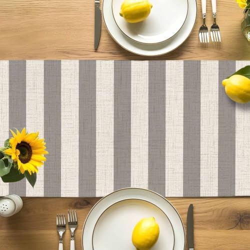 Gray Stripes Linen Table Runner 72 Inches Long, Minimalist Rustic