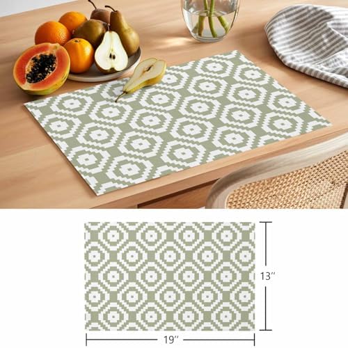Placemats Set of 8, Sage Green White Geometric Woven Placemat, Linen