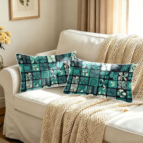 Tiles Floral Teal Throw Pillow Covers 20x20 Inch, 2-Pack Couch Pillow