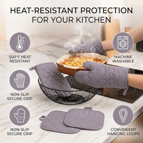 Oven Mitts Heat Proof Cotton Non Slip Kitchen Oven Gloves (Gray)