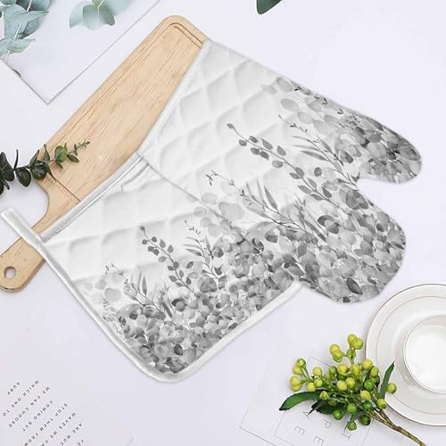 Quilted Cotton Terry Cloth Oven Mitt, Pot Holder Grey Eucalyptus