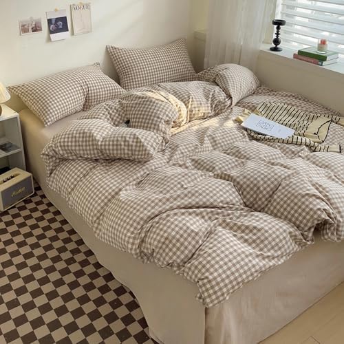 DONEUS Tan Gingham Duvet Cover Set Queen Size Bedding Set 100% Washed