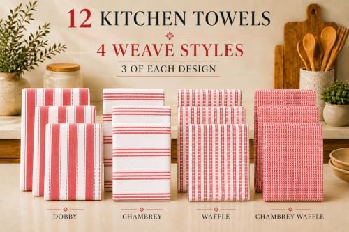 Cotton Kitchen Towels Set of 12, Large, 18 x 28 Inch, Absorbent Dish