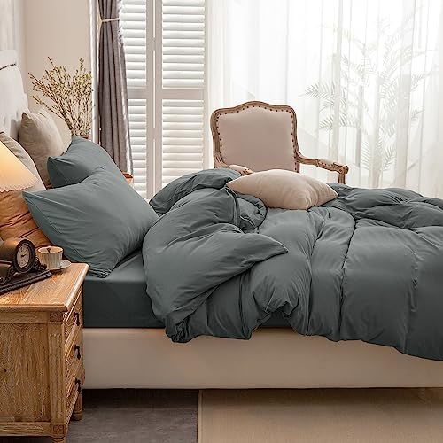 PURE ERA Jersey Knit Duvet Cover Set Solid Dark Greenish Gray Queen