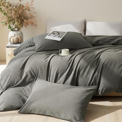 JELLYMONI 100% Cotton Queen Duvet Cover Set, Washed Linen-Like Texture