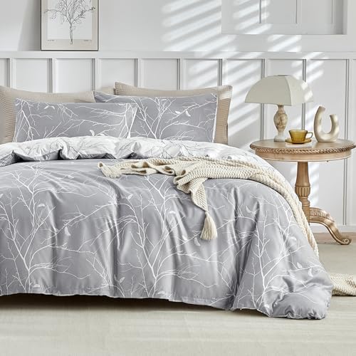 Lekesky Reversible Duvet Cover King Size, Grey White Branch Comforter
