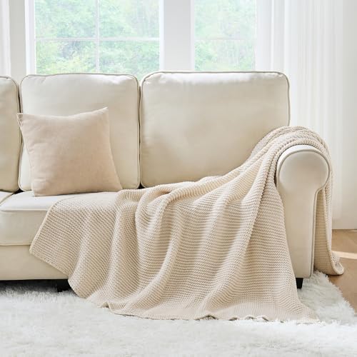Beige Throw Blanket, Garter Knit, 50" x 60", Ivory Beige