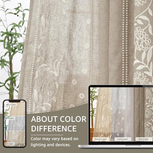 jinchan Taupe Floral Linen Curtains for Living Room 63" Back Tab 2