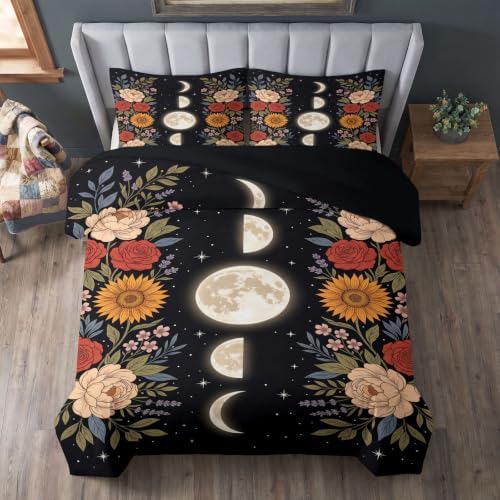 King Duvet Cover Set Soft Microfiber Starry Sky Flowers
