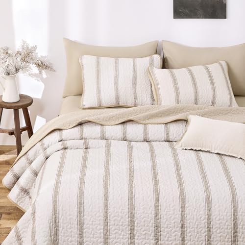 Wake In Cloud Striped Quilt Set, Taupe, King