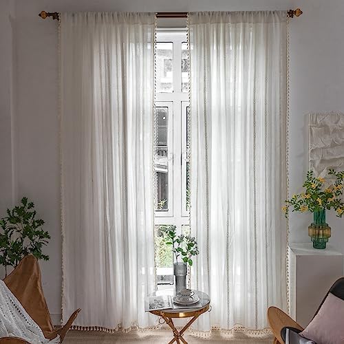 Boho Curtains Embroidery Linen Curtains 108 Inches Long 2 Pannels for