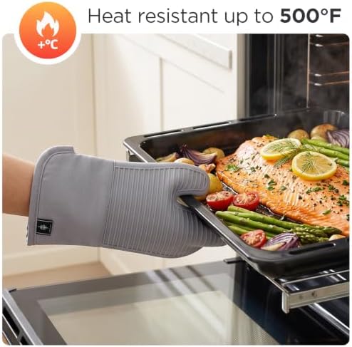 BONTHEE Silicone Oven Mitts Heat Resistant Kitchen Oven Gloves - Grey
