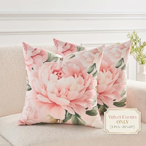 Pink Peony Velvet Pillow Covers 20x20 Set of 2, Shabby Chic