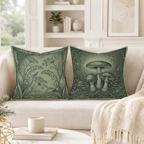 Vintage Botanical Woodland Illustration Throw Pillow Covers 20x20 Set