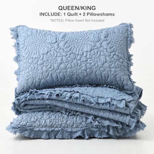 HORIMOTE HOME Blue Ruffled Quilt King Size, Stone-Washed Microfiber